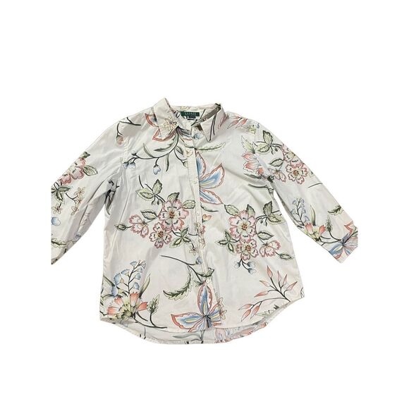 Ralph Lauren Women Spring Floral Print Beige Button Down Shirt Sz XL - Picture 1 of 10